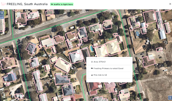 Aerial map view with polygons over property and property data associated with each